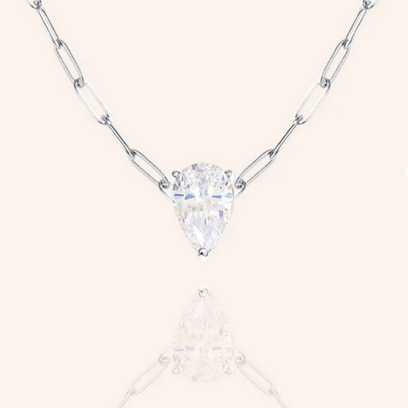 Cubic Zirconia Pear Cut Solitare Silver Necklace paper clip chain - Picture 1 of 8